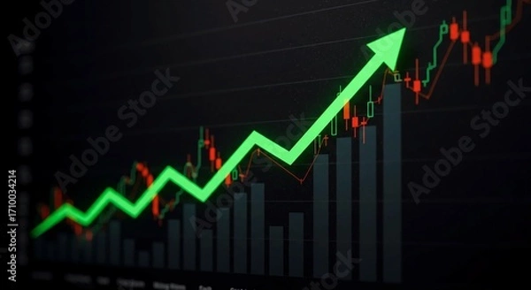 Fototapeta Stock market chart showing an upward trend with a green arrow.