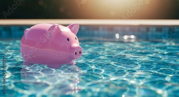 Fototapeta A pink piggy bank floats in the shimmering blue water of a swimming pool, bathed in warm sunlight.