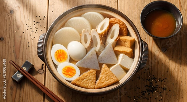 Fototapeta top view of oden on wood table or background 