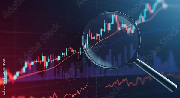 Fototapeta Magnifying glass analyzing a stock market graph showing upward trend with red and blue candlesticks.