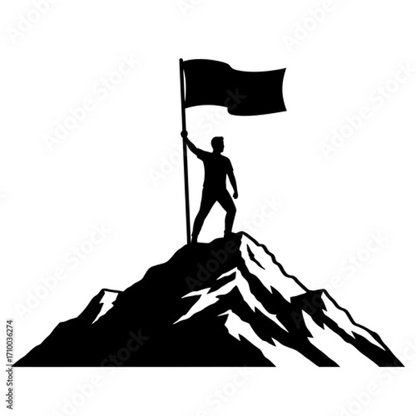 Fototapeta Silhouette of a triumphant person standing on a mountain peak holding a flag aloft