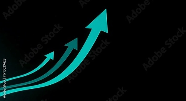 Fototapeta Multiple teal upward-pointing arrows on a black background, suggesting growth or progress.