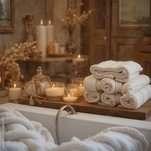 Fototapeta "Cozy Bathroom Setup with Candles, Towels, and Bath Salts"