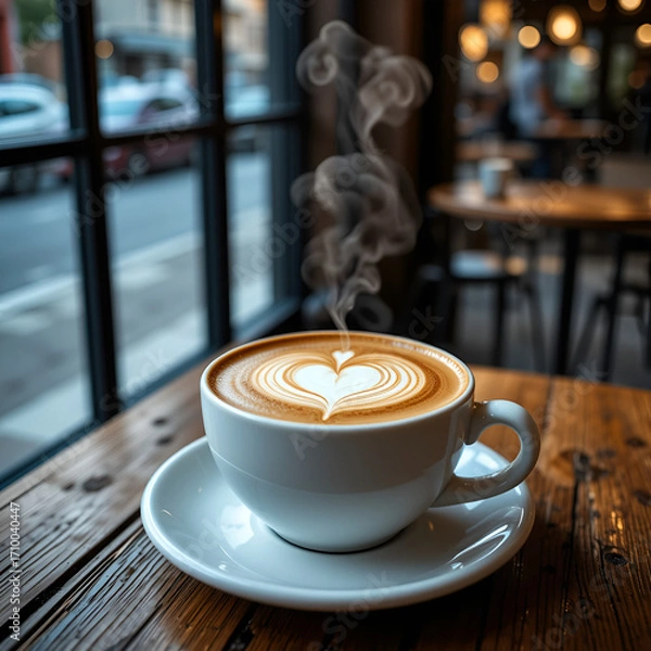Fototapeta "Steaming Cappuccino with Latte Art on Wooden Café Table by Window"