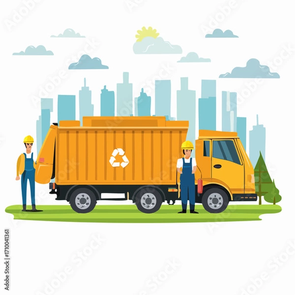 Fototapeta Trash utility, disposal and recycling concept set. Waste collector worker, recycling trash bin and garbage truck collection. Vector illustration.