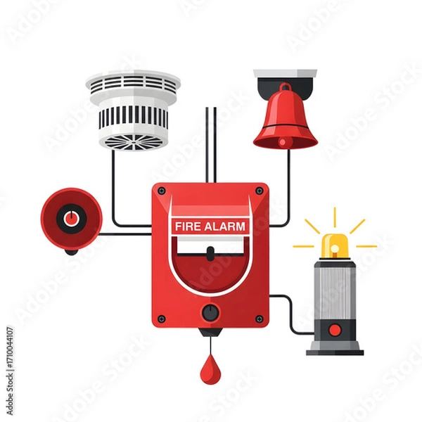 Obraz Fire alarm system with pull station, smoke detector, bell, and strobe light.
