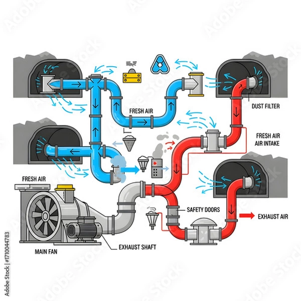 Obraz Mine ventilation system: fresh and exhaust airflows.