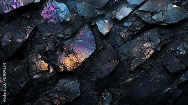 Fototapeta Dark obsidian stone texture layered with subtle holographic shimmer lighting effects, background illustration, screensaver, backdrop