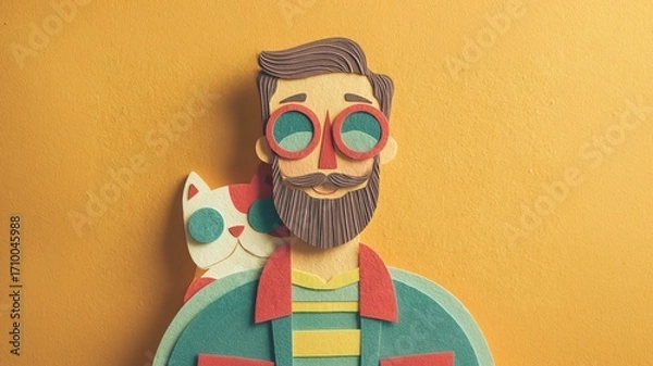 Fototapeta Quirky illustration, felt art effect, man with a beard with his cat looking over his shoulder, yellow background