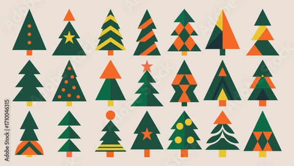 Fototapeta Set of decorative Christmas trees in various geometric styles, festive holiday collection with abstract shapes and colorful ornaments for seasonal design and celebration. Flat vector illustration