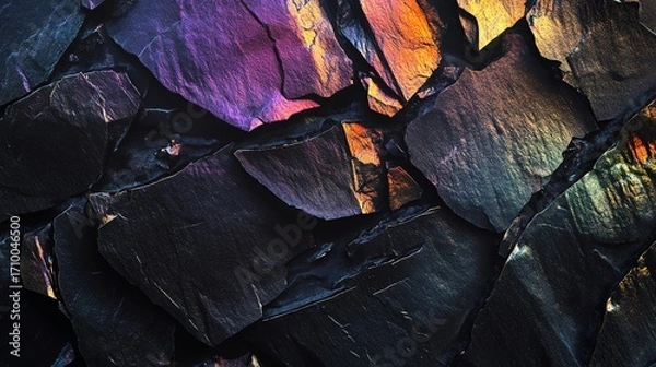 Fototapeta Stone texture layered with subtle holographic shimmer lighting effects, Dark obsidian, background illustration, screensaver, backdrop