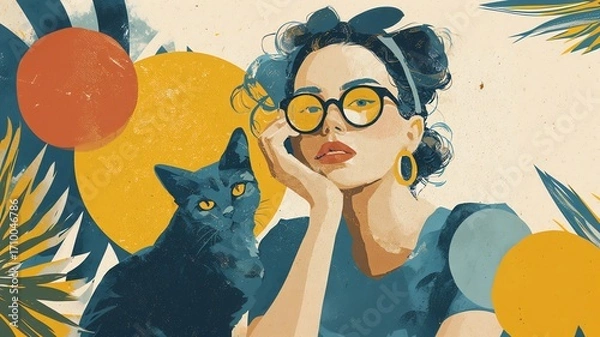 Fototapeta A woman with her cat, quirky illustration, crumpled paper overlay effect, retro paper cut out magazine snippets, recycled paper texture