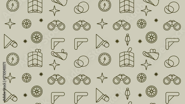 Obraz Seamless pattern featuring various camping and adventure themed outline icons on a light background