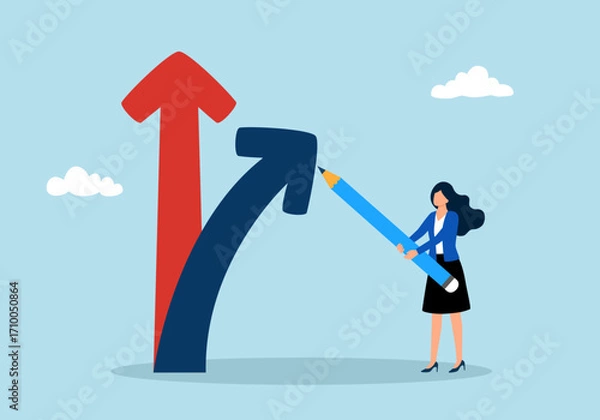 Fototapeta Businesswoman draw new arrow metaphor of change direction. Change direction or career path for best opportunity, choice or alternative way to progress concept