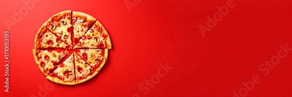 Fototapeta Delicious pepperoni and mushroom pizza on a vibrant red background, perfect for food ads, menus, and culinary stock photo/video content. Red pizza banner for design