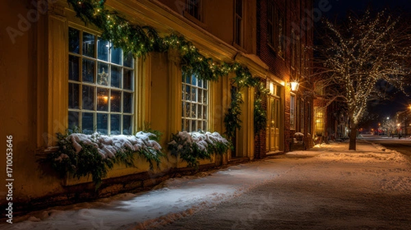 Fototapeta quiet street adorned with beautiful christmas showcasing soft inviting light glowing from inside
