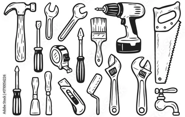 Fototapeta Hand drawn doodle tools collection isolated on transparent background, generative ai