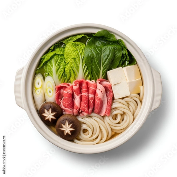 Fototapeta top view of shabu shabu hotpot on white background 