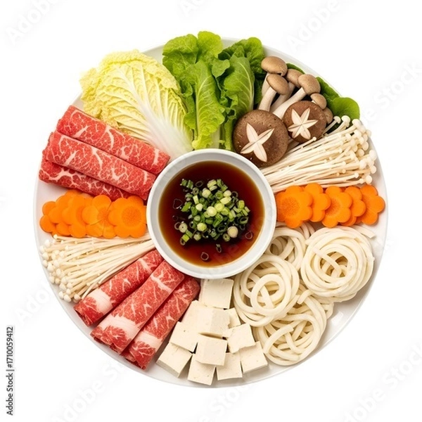 Fototapeta top view of shabu shabu on plate on white background 