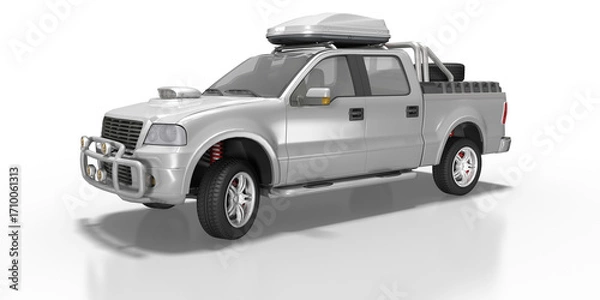 Obraz 3d Pickup, Auto, SUV mit Dachbox, Frontschutzbügel und Ersatzrad auf der Ladefläche auf transparenten Hintergrund