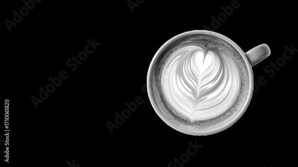 Obraz A monochrome image showcasing a cup of coffee with a latte art heart on a black background