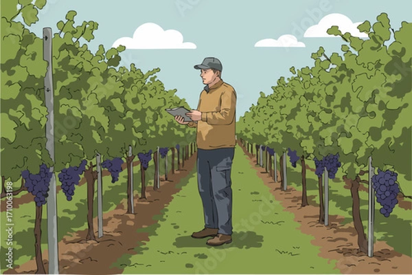 Fototapeta vineyard worker examines grapes with a tablet showcasing sustainable farming Clear composition vibrant green foliage and a rural setting Ideal for agriculture technology and lifestyle themes