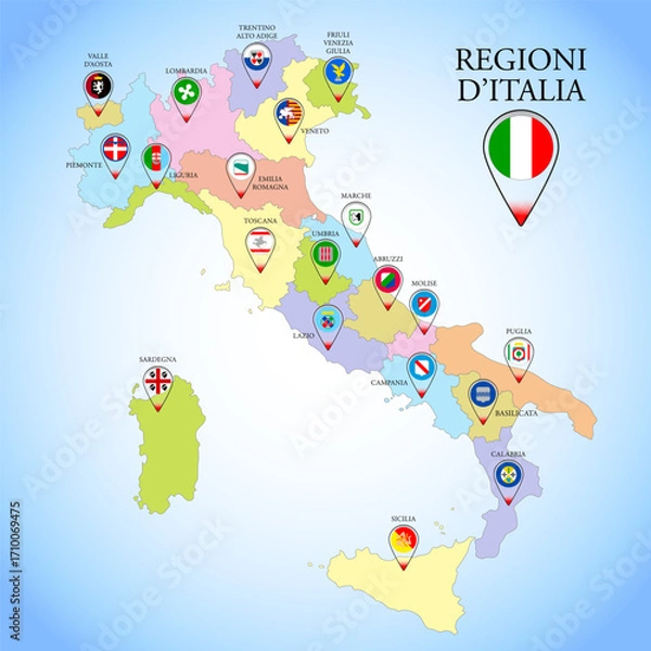 Fototapeta Italy, round icons of the flags of the regions of the Italian Republic on the map, vector illustration
