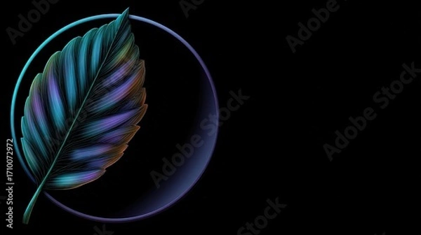 Fototapeta An iridescent leaf design against a dark background, showcasing vibrant colors and elegant curves.