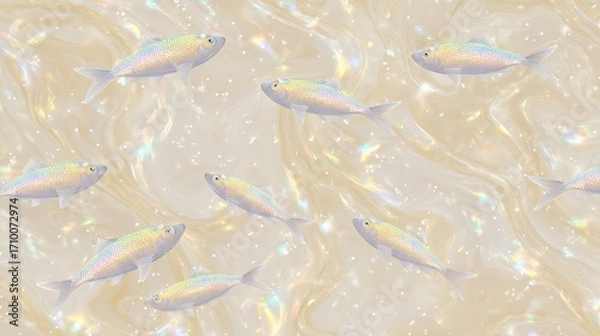 Fototapeta A serene underwater scene featuring shimmering fish swimming gracefully through a pearlescent, iridescent background.
