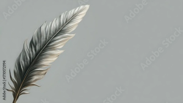 Fototapeta A delicate silver feather on a soft grey background, emanating elegance and grace.