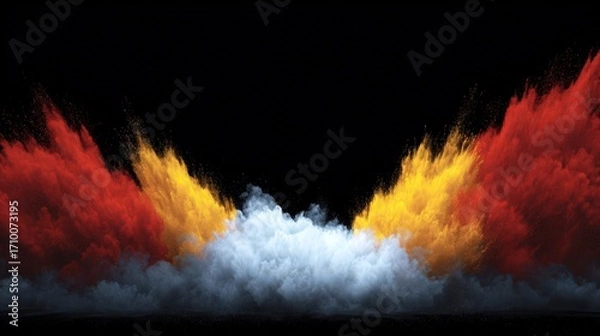 Fototapeta Dramatic explosion of colored powder creating a striking visual display in vibrant reds, yellows, and whites.