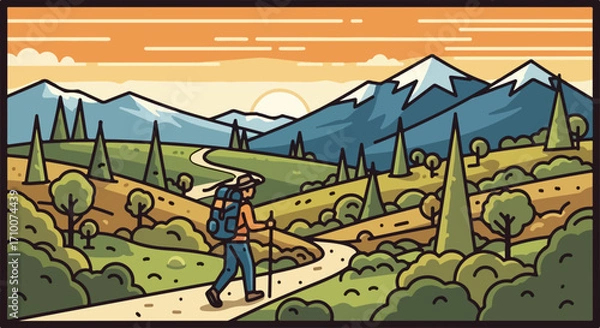 Fototapeta Mountain hiking shows adventurous person with backpack on trail heading toward snow capped mountains. Mountain hiking is great activity for people of all ages who are in reasonably good shape.