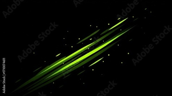 Fototapeta A vibrant green abstract design with dynamic lines and glowing particles on a black background.