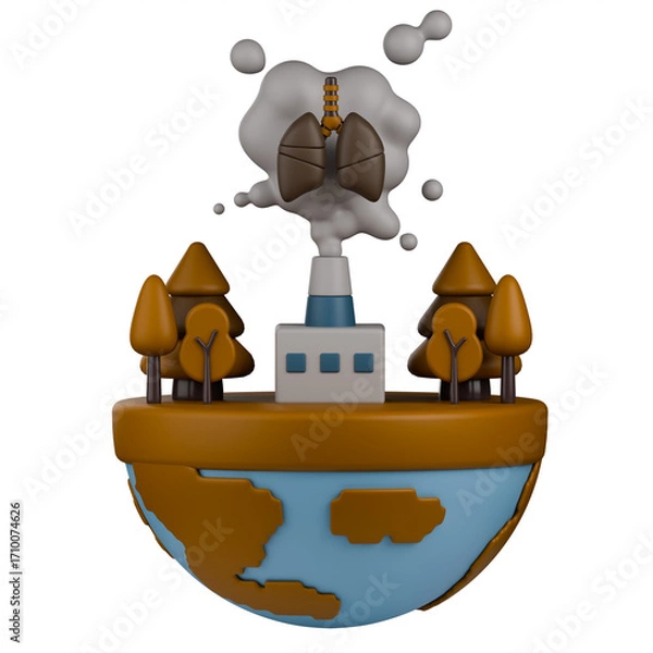 Fototapeta 3D illustration of globe with factory chimney emitting smoke into the atmosphere, causing damage to the lungs and environment. Concept of medical and environmental awareness.
