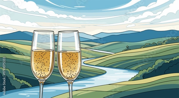 Fototapeta Toast with champagne against green rolling hills and flowing river, a celebratory toast with champagne sparkling in glasses.
