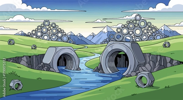 Fototapeta Surreal landscape showing giant nuts forming a bridge, hills, and decorations, capturing a strange and amusing scene. Surreal landscape art brings to life a fantastical terrain, mountains,