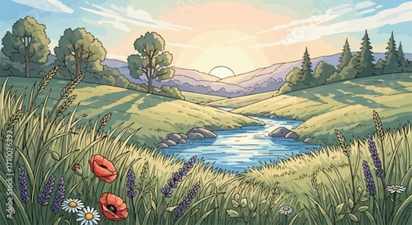 Fototapeta Idyllic countryside scenery with rolling hills and winding river, idyllic countryside backdrop provides scenic view. Picturesque idyllic countryside is a serene vista,