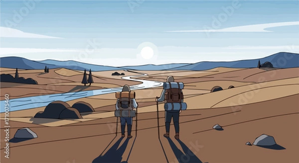 Fototapeta Two hikers in desert landscape, equipped with backpacks and trekking poles, explore arid scenery. Hikers traversing desert, surrounded by sunlit dunes and distant mountains, seek adventure.