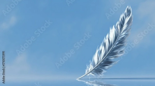 Fototapeta A delicate white feather gracefully floats on a tranquil blue surface, symbolizing peace and serenity.