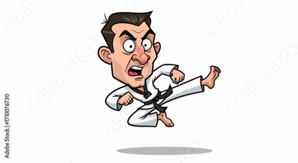 Fototapeta Cartoon character performing karate kick in action. Karate kick shows concentration and agility, white uniform and black belt indicate martial art proficiency.
