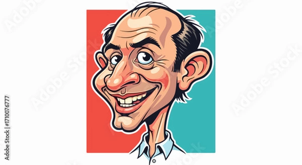 Fototapeta Smiling cartoon man with large features and a happy expression. Cartoon man in illustration form shows exaggerated features and detailed linework, expressive emotion, and bright color palette.