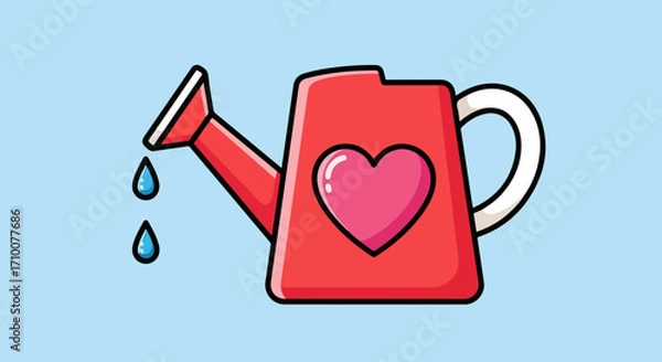 Fototapeta Red watering can with heart symbol dispensing water drops, cute watering can design ideal for gardeners. Red watering can dispenses water drops, heart watering can symbolizes love and care for plants.