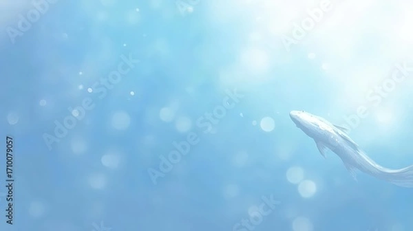 Fototapeta An ethereal white fish glides gracefully through a serene blue underwater world with soft light filtering in.
