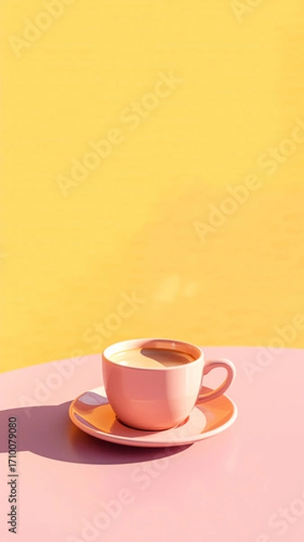Fototapeta Stylish pink coffee cup on a vibrant yellow and pink background, perfect for cafe, morning, and lifestyle stock photo/video content. Vertical reel or story