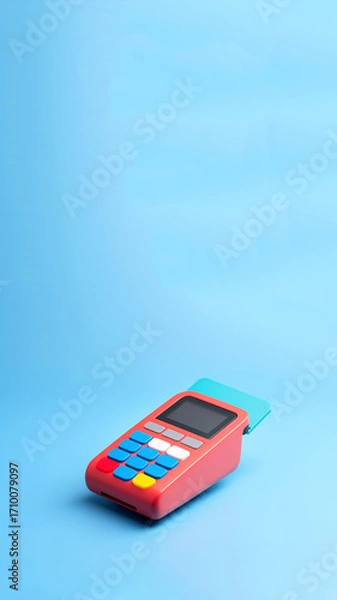 Fototapeta Colorful card payment terminal on a blue background, ideal for finance, shopping, and tech stock photo/video content. Vertical banner with copy space