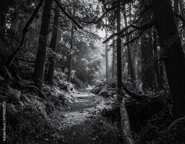 Fototapeta Mysterious Forest Path Unveiled in Monochrome