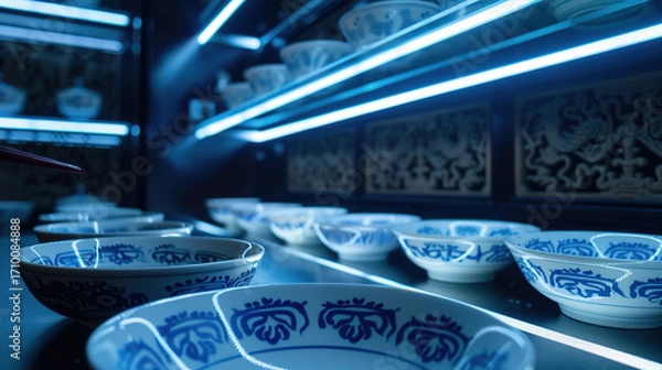 Fototapeta Nanoangelica particles are suspended and reorganized in blue and white porcelain bowls. The AI ​​pharmacist uses the holographic "Shennong Bencao Jing" as the blueprint and uses laser pen to mark the 