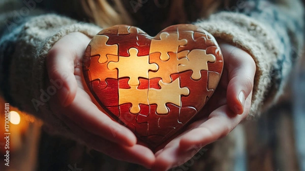 Obraz The hands of a young boy holding a puzzle heart is the concept of mental health in children, world autism awareness day, as well as the concept of autism spectrum disorder in teens 