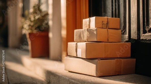 Fototapeta Delivery packages stacked on a doorstep in the sunlight