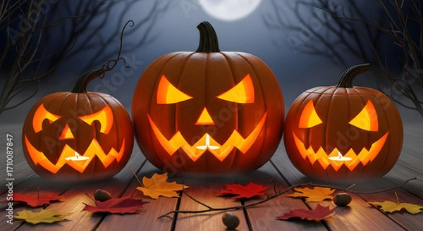 Fototapeta Halloween Jack-o'-Lanterns Glowing at Night with Full Moon and Autumn Leaves on a Wooden Table